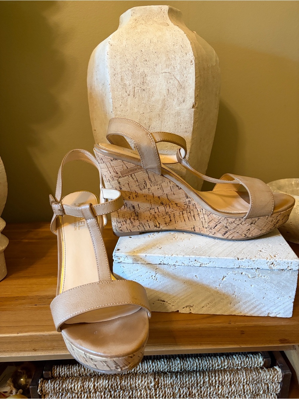 Michael Shannon Beige Cork Platform Wedge Sandals